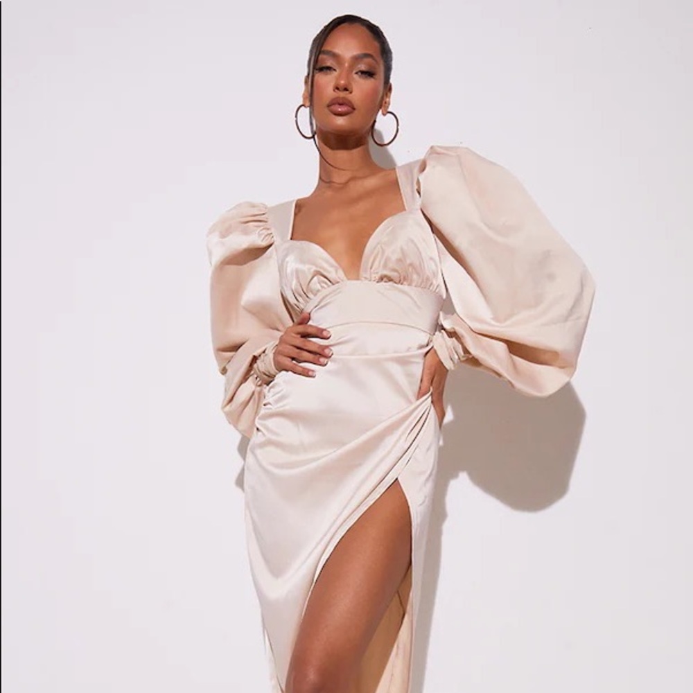 PLT Champagne Satin Exaggerated Puff Sleeve Draped Midi Dress